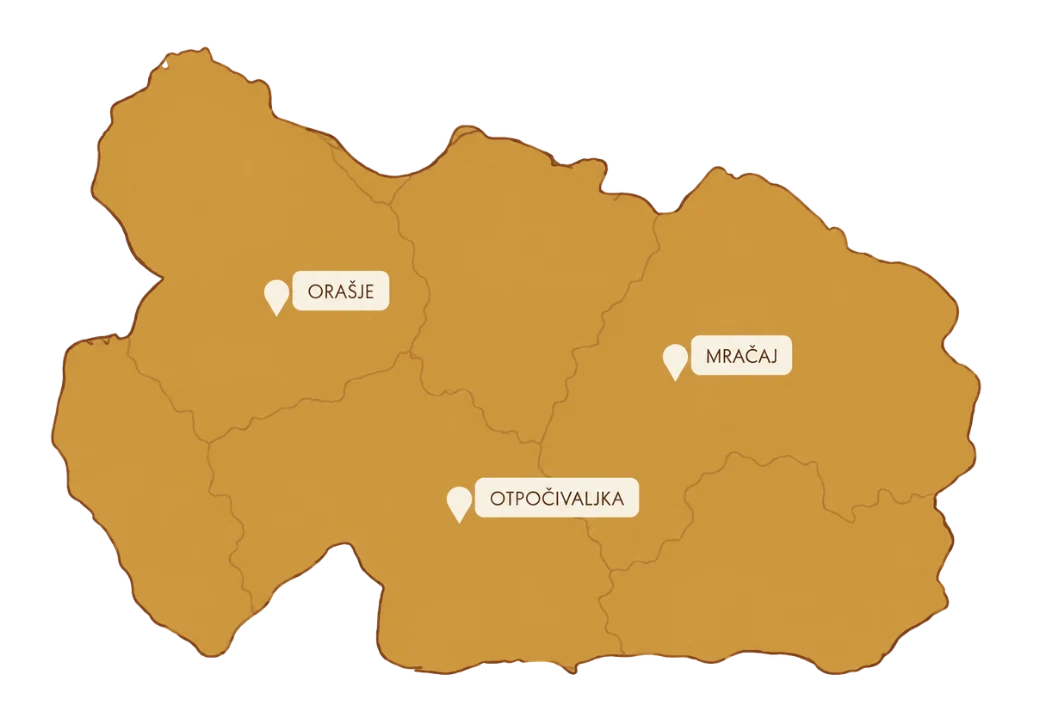Karta opštine Prnjavor sa označenim selima Orašje, Mračaj i Otpočivaljka