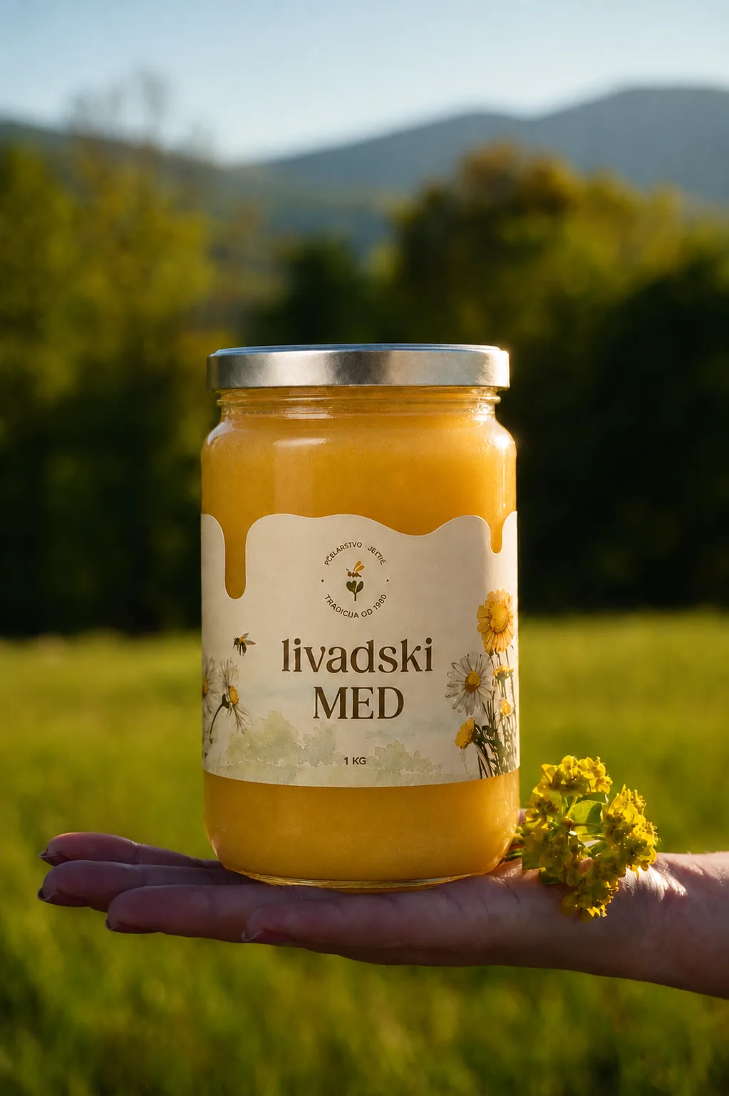 Tegla livadskog meda na otvorenom dlanu, iza nje brdo i zelena livada