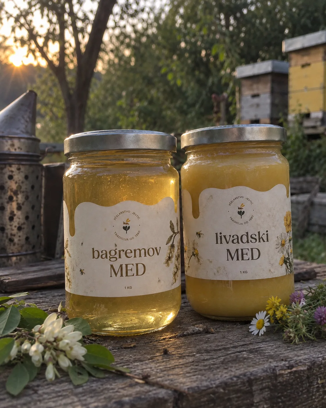 Tegle bagremovog i livadskog meda na drvenom stolu, uz dimilicu i košnice